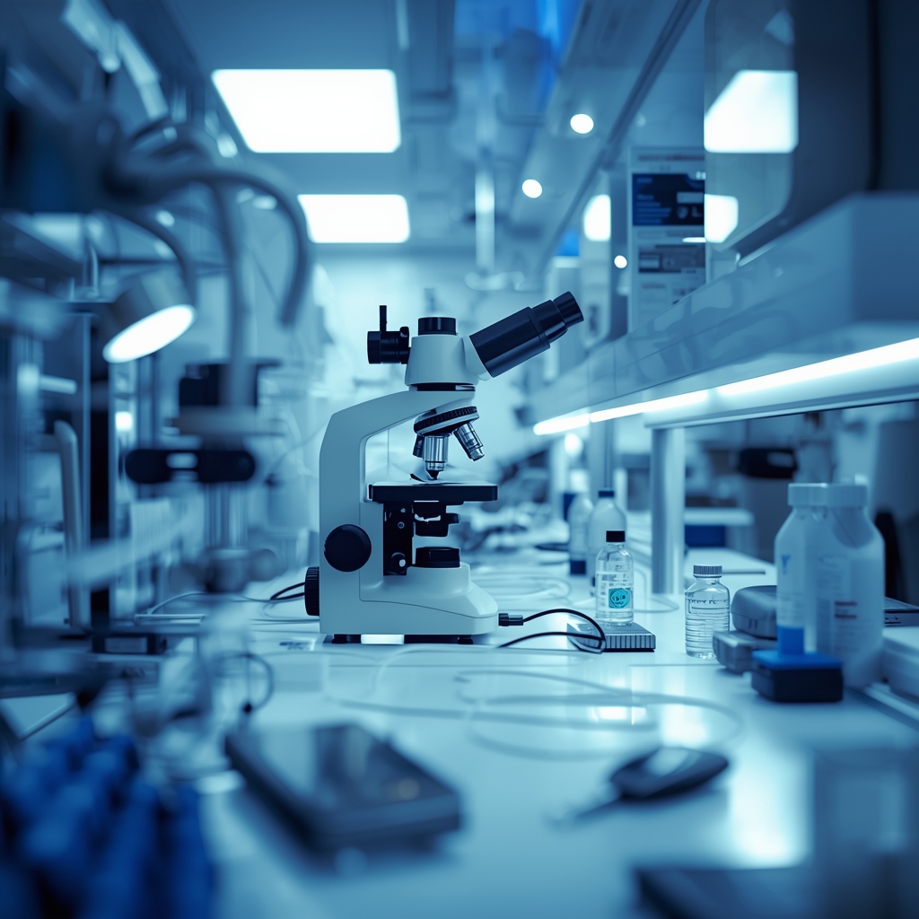 High tech medical laboratory equipment, clean white surfaces, blue lighting, focus on microscope, professional